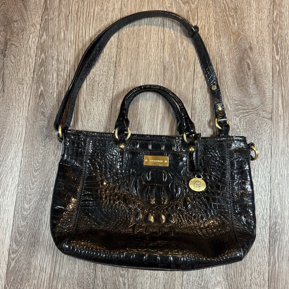 Brahmin Mini tote bag in black Melbourne croc-embossed leather.